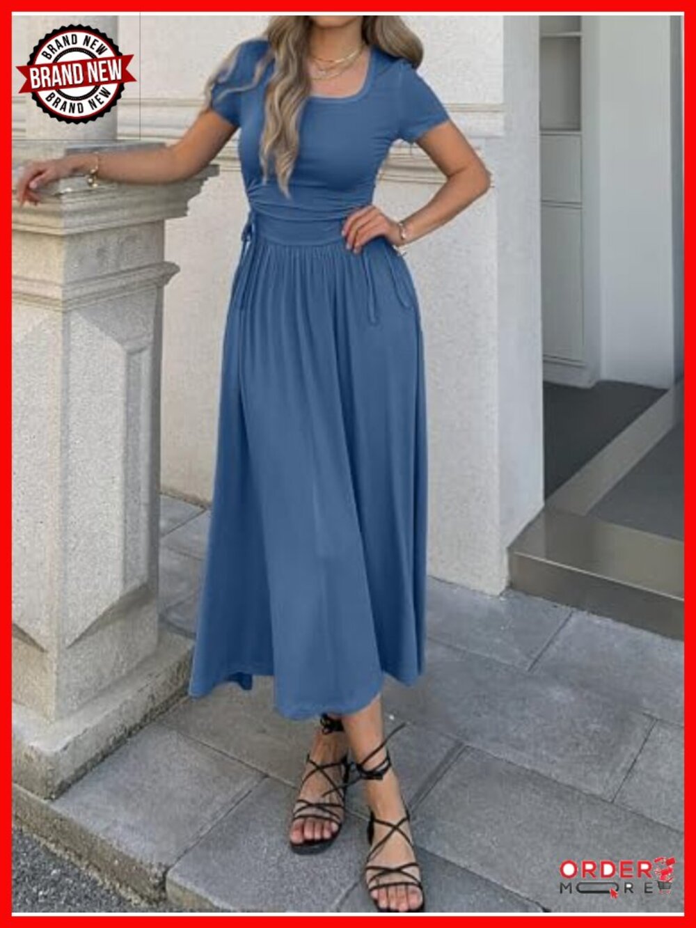 Women's Short Sleeve Maxi Dress Bodycon Adjustable Waist Flowy Hem Pockets - Picture 2 of 5
